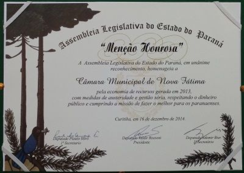 Câmara de Nova Fátima recebe título de Menção Honrosa